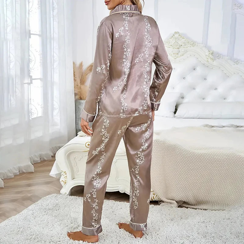 Women’s Satin Pajama Set – Long Sleeve Button-Up Top & Pants Loungewear