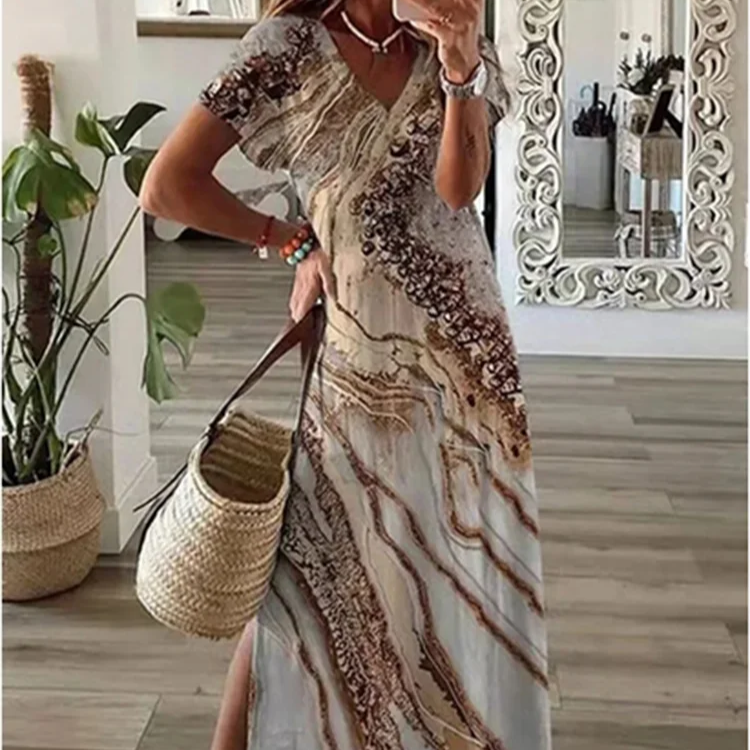 Women’s V-Neck Maxi Dress – Casual Solid Color with Pockets