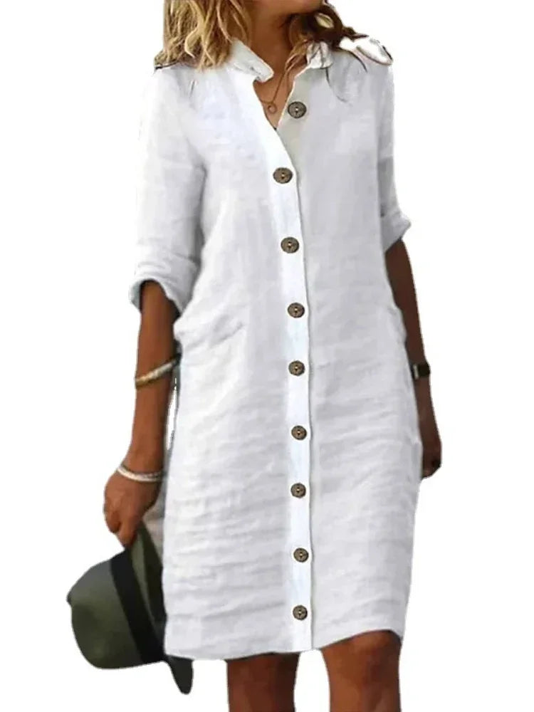 Women’s Solid Button-Up Long Sleeve Shirt Dress