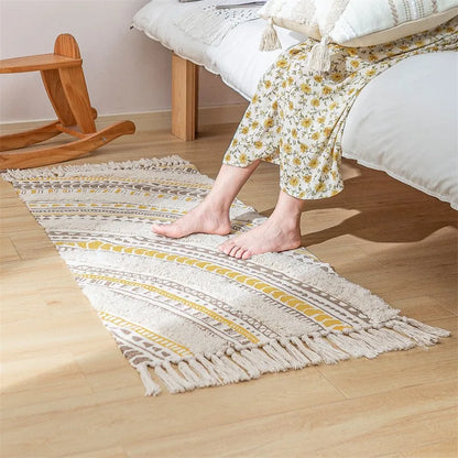 Pure Hand-Woven Tufted Cotton-Linen Floor Mat – Elegant Plaid Design