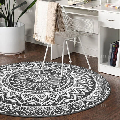 Mandala Round Carpet Modern Flannel Washable Round Mat Non-Slip Interior Bohemian Grey Office Rug