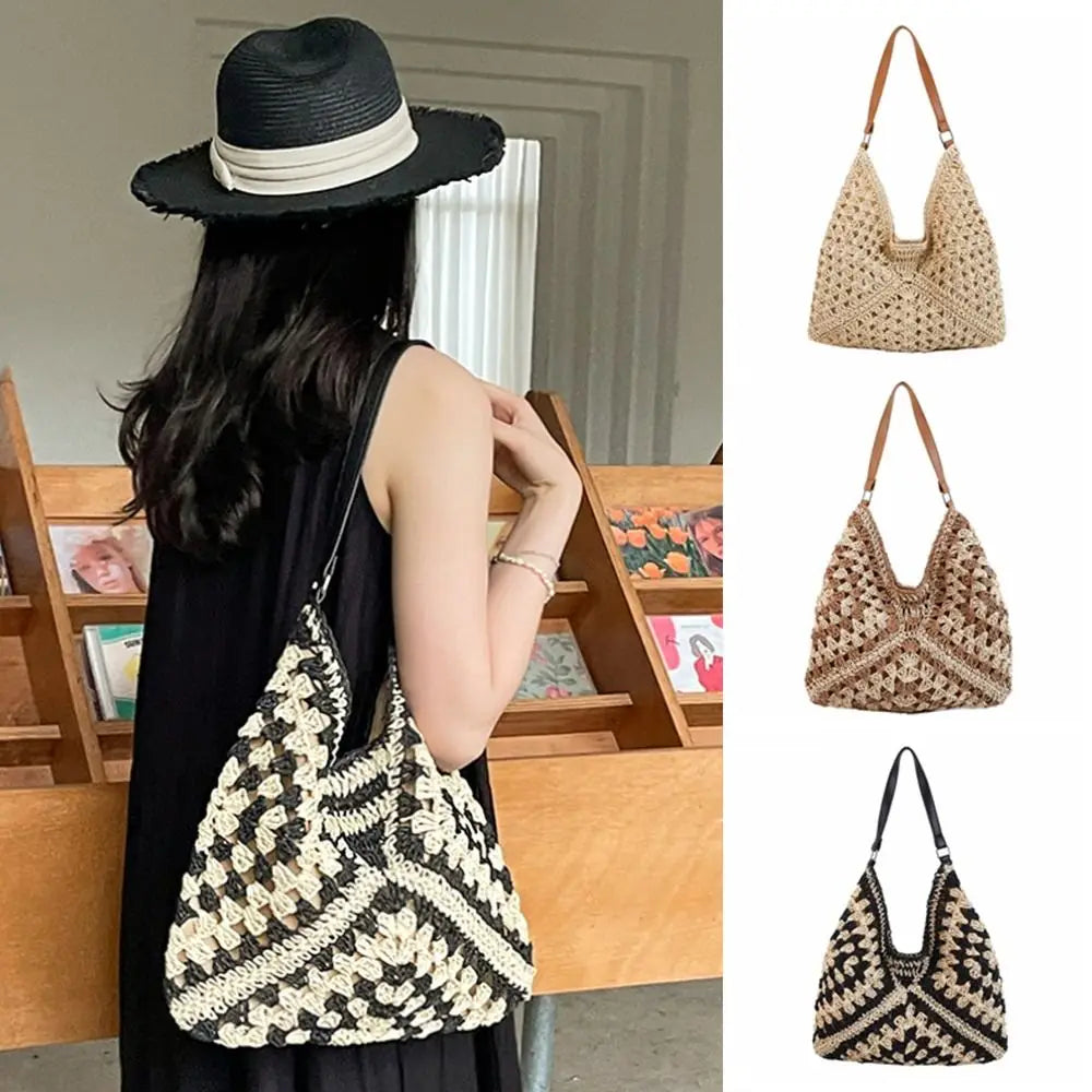 Women’s Summer Straw Crochet Shoulder Bag – Casual Beach Travel Handbag