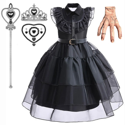 Halloween Hot American TV Series Black Wen. Girl Cosplay Horror Dress Set Easter Party Clothing +Fake hands + Sock Set 3-10Y