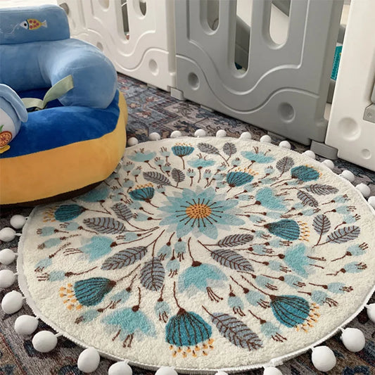 Boho Round Blue Floral Plush Carpet with Pompom Trim, 40–120cm