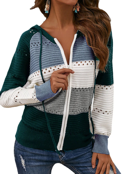 Women’s Striped Hooded Zipper Knit Cardigan