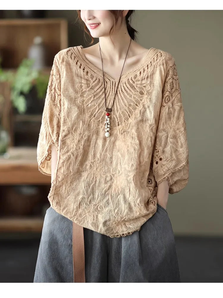 Women’s Cotton Batwing Sleeve Loose T-Shirt – Hollow Out Top