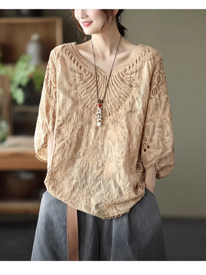 Women’s Cotton Batwing Sleeve Loose T-Shirt – Hollow Out Top
