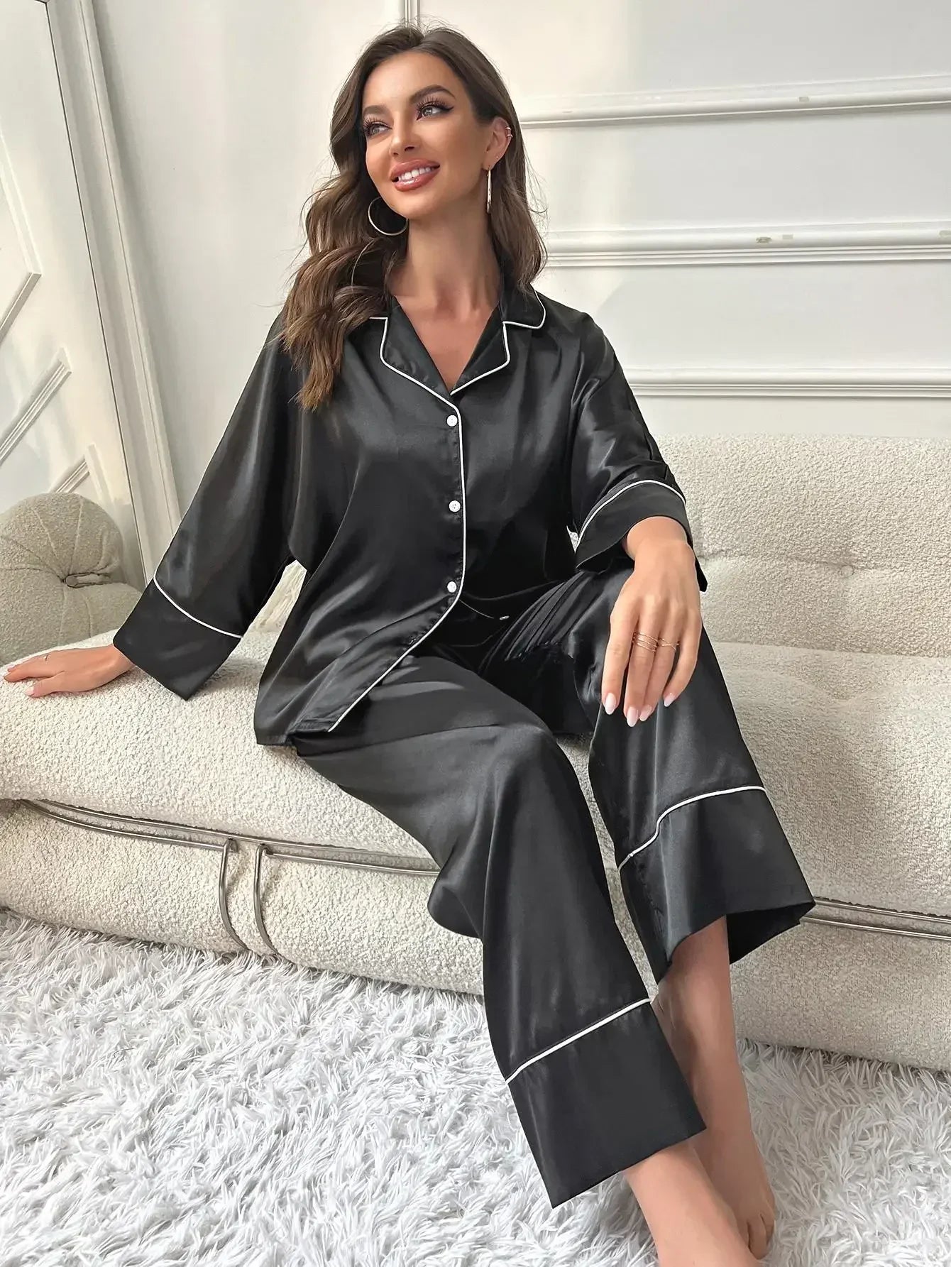 Women’s Silk Satin Pajama Set – Notched Collar Top & Wide-Leg Sleepwear