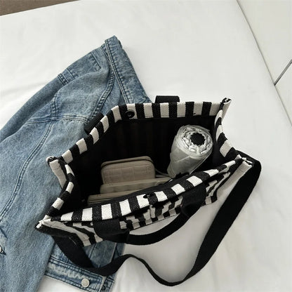 Women’s Striped Canvas Shoulder Bag – Trendy Large Capacity Crossbody Tote