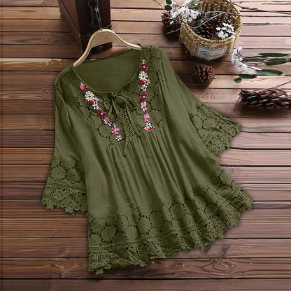 Women’s Summer V-Neck Blouse – Lace Patchwork with Bow