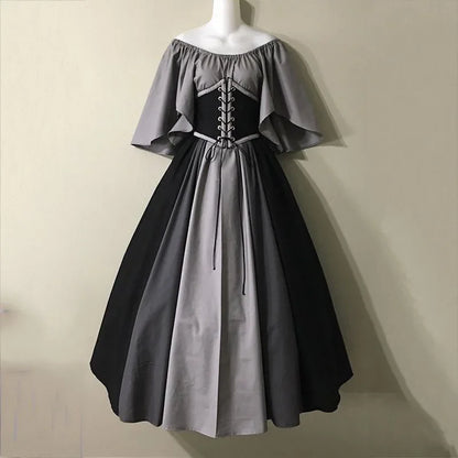 Halloween Costumes for Women Medieval Retro Contrasting Color Slim Swing Dress One-word Shoulder Dress Love Live Cosplay