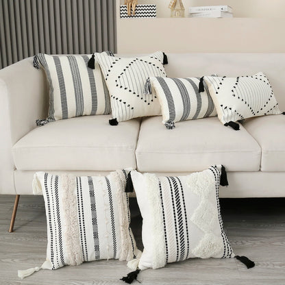 Striped Pillow Cover with Tassels  Woven Lumbar