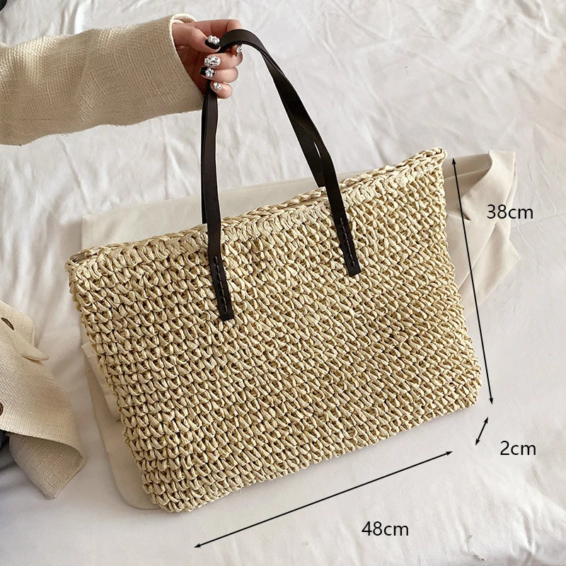 Fashion Straw Woven Large Capacity Shoulder Shopping Bag Women Vacation Beach Handbag Purse Bohemia Rattan Knitted Tote For Lady