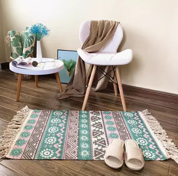 Boho Nordic Black White Geometric Cotton Linen Rug