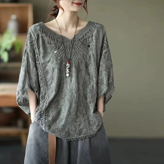 Women’s Cotton Batwing Sleeve Loose T-Shirt – Hollow Out Top
