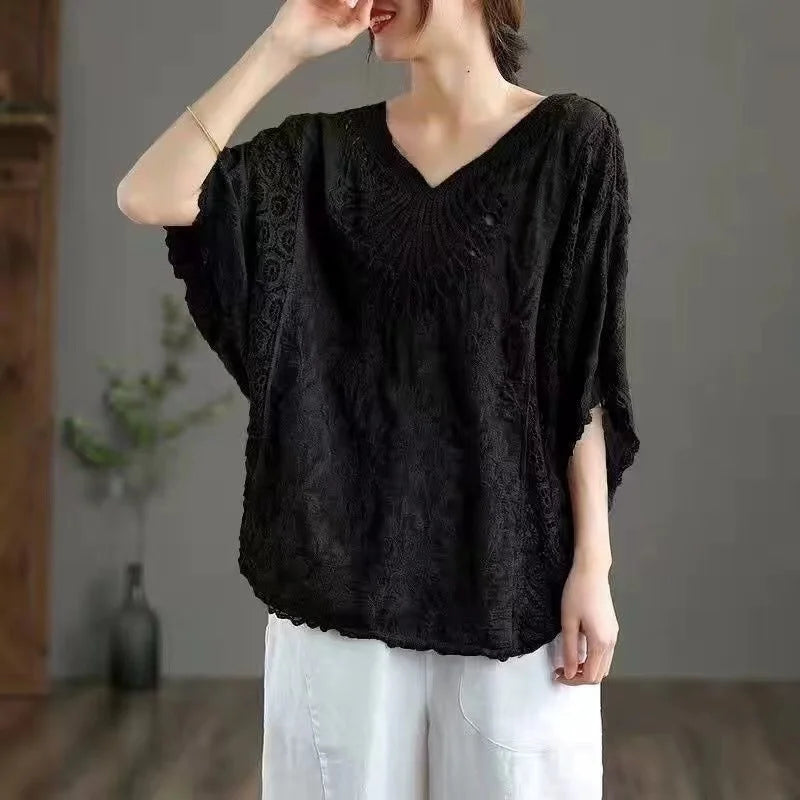 Women’s Cotton Batwing Sleeve Loose T-Shirt – Hollow Out Top