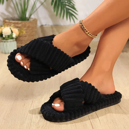Women’s Corduroy Plush Indoor Slippers – Warm Autumn/Winter Soft Sole Slides