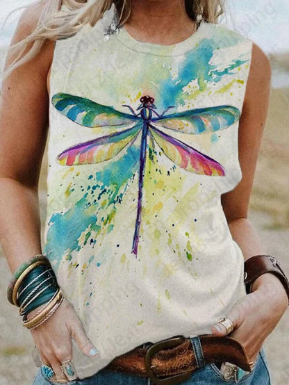Feather Print Tank Tops Women's Fashion Sleeveless Vest Sexy Casual Vintage Tanks Top Casual Crew Neck Tops Womens Clothing 2024