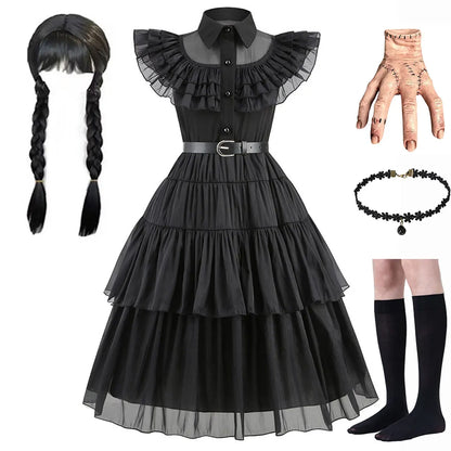 Halloween Hot American TV Series Black Wen. Girl Cosplay Horror Dress Set Easter Party Clothing +Fake hands + Sock Set 3-10Y