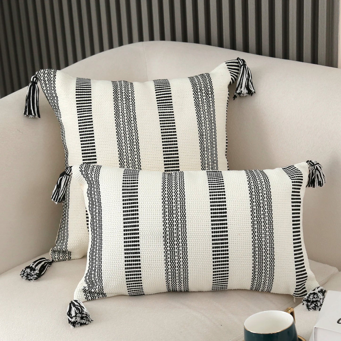 Striped Pillow Cover with Tassels  Woven Lumbar