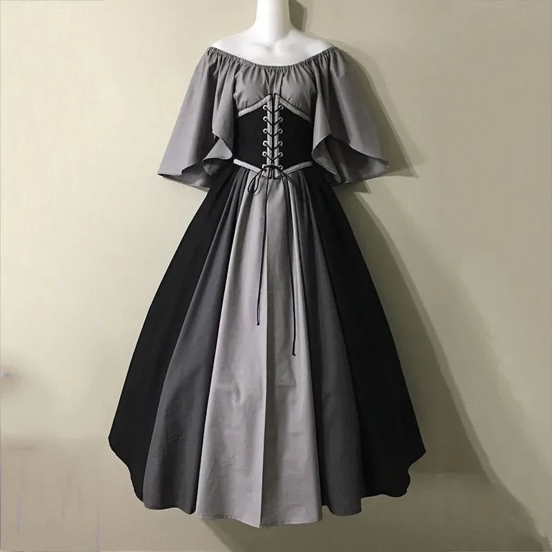 Halloween Costumes for Women Medieval Retro Contrasting Color Slim Swing Dress One-word Shoulder Dress Love Live Cosplay