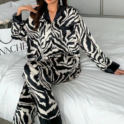 Women’s Satin Pajama Set – Luxury Long Sleeve Zebra Stripe Sleepwear