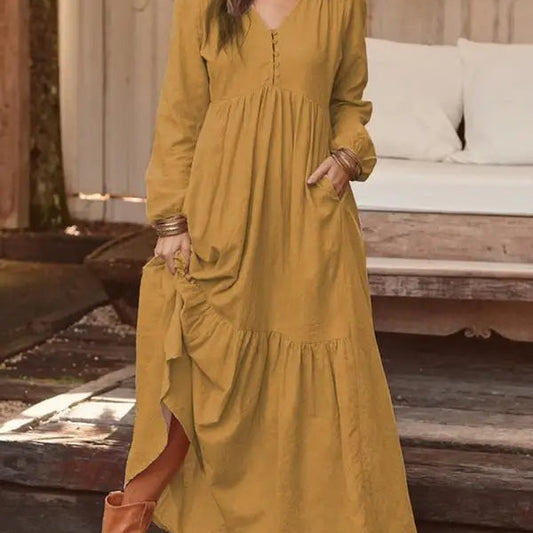 Women’s Cotton Linen Button-Up Dress – Retro Long Sleeve Casual