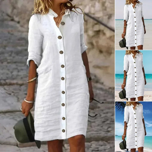 Women’s Solid Button-Up Long Sleeve Shirt Dress