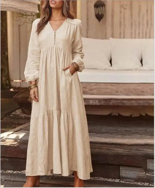 Women’s Cotton Linen Button-Up Dress – Retro Long Sleeve Casual