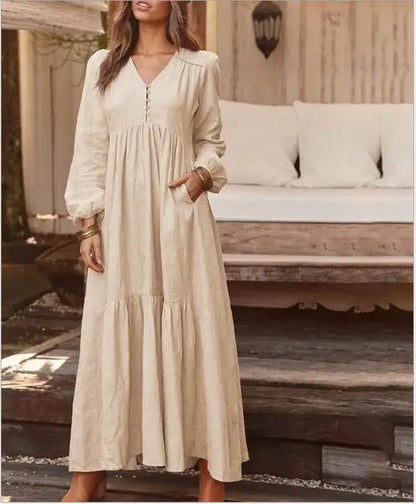 Women’s Cotton Linen Button-Up Dress – Retro Long Sleeve Casual