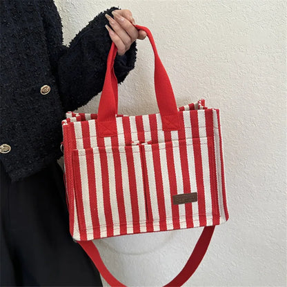 Women’s Striped Canvas Shoulder Bag – Trendy Large Capacity Crossbody Tote