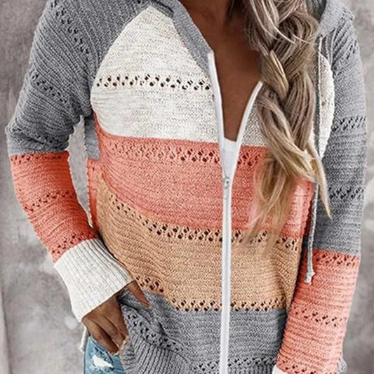 Women’s Striped Hooded Zipper Knit Cardigan
