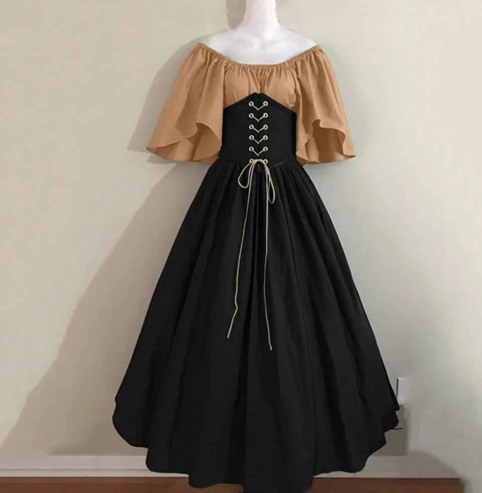 Halloween Costumes for Women Medieval Retro Contrasting Color Slim Swing Dress One-word Shoulder Dress Love Live Cosplay