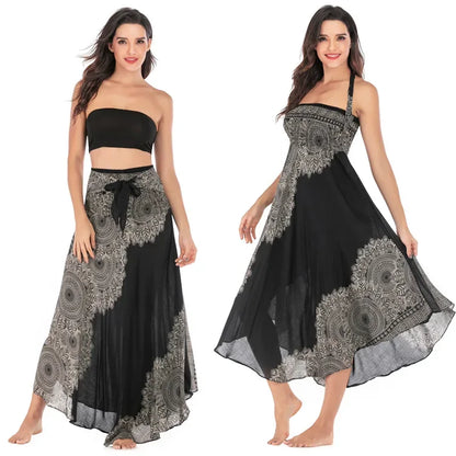 Women’s Boho Floral Long Skirt – Elastic Waist Casual Faldas