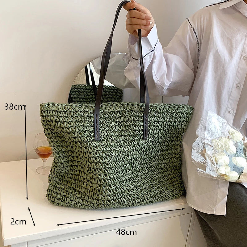 Fashion Straw Woven Large Capacity Shoulder Shopping Bag Women Vacation Beach Handbag Purse Bohemia Rattan Knitted Tote For Lady