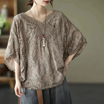 Women’s Cotton Batwing Sleeve Loose T-Shirt – Hollow Out Top