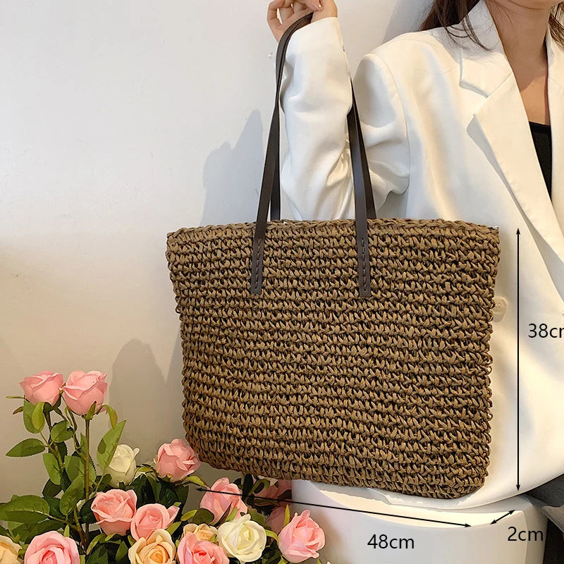 Fashion Straw Woven Large Capacity Shoulder Shopping Bag Women Vacation Beach Handbag Purse Bohemia Rattan Knitted Tote For Lady