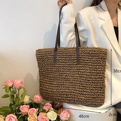 Fashion Straw Woven Large Capacity Shoulder Shopping Bag Women Vacation Beach Handbag Purse Bohemia Rattan Knitted Tote For Lady