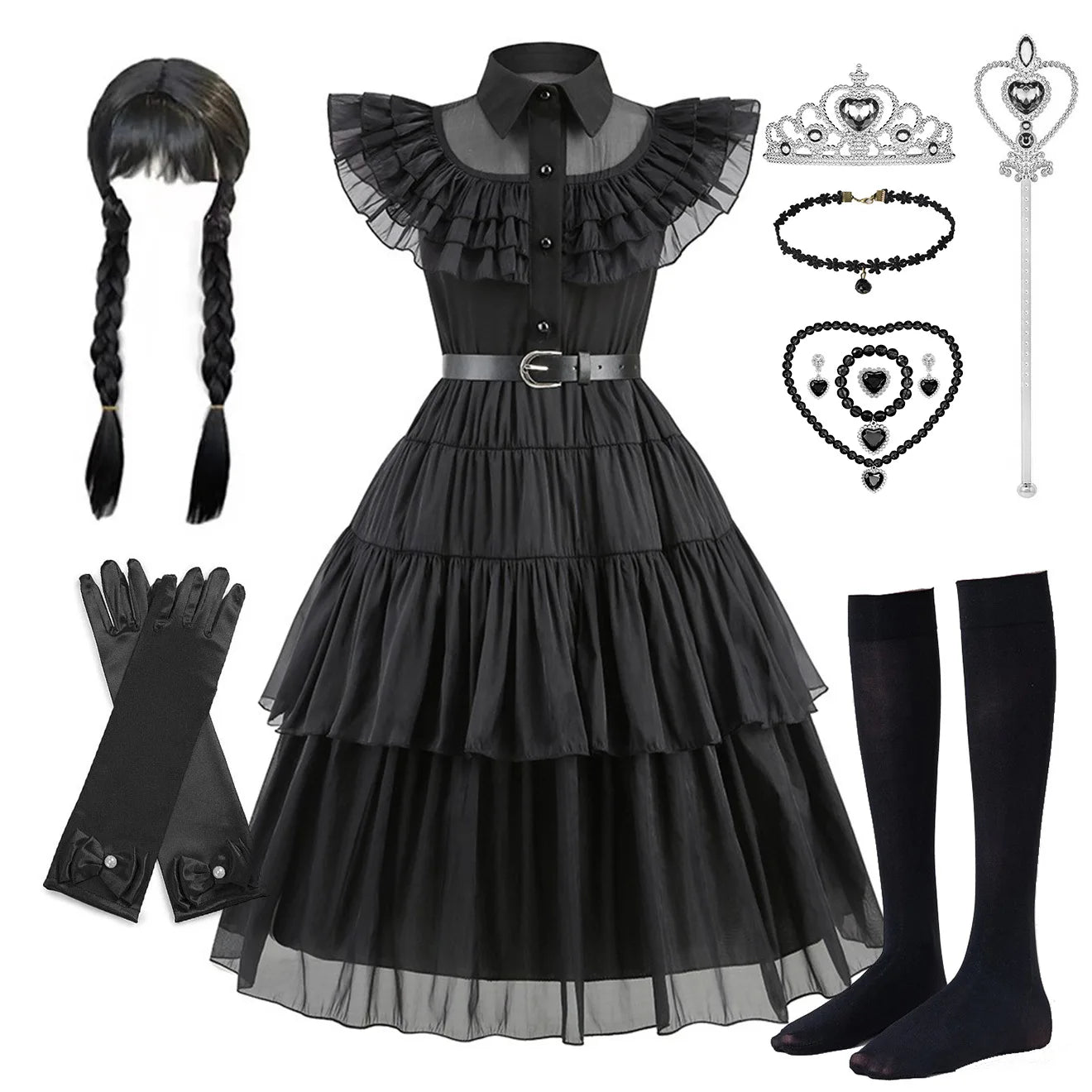 Halloween Hot American TV Series Black Wen. Girl Cosplay Horror Dress Set Easter Party Clothing +Fake hands + Sock Set 3-10Y