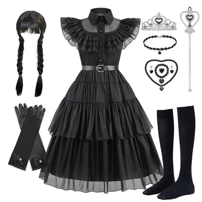 Halloween Hot American TV Series Black Wen. Girl Cosplay Horror Dress Set Easter Party Clothing +Fake hands + Sock Set 3-10Y