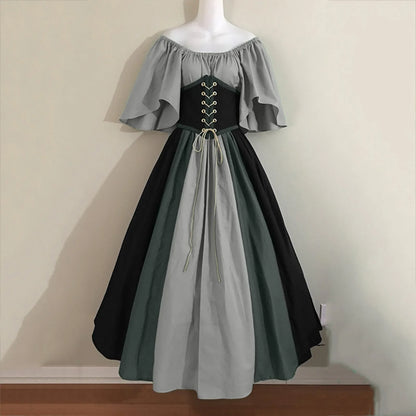 Halloween Costumes for Women Medieval Retro Contrasting Color Slim Swing Dress One-word Shoulder Dress Love Live Cosplay