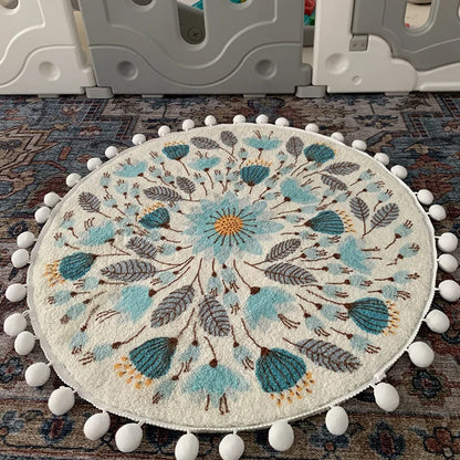Boho Round Blue Floral Plush Carpet with Pompom Trim, 40–120cm