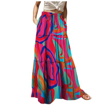 Women’s Boho Chiffon High-Waist Skirt – Long Swing with Pockets & Lace-Up