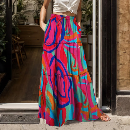 Women’s Boho Chiffon High-Waist Skirt – Long Swing with Pockets & Lace-Up