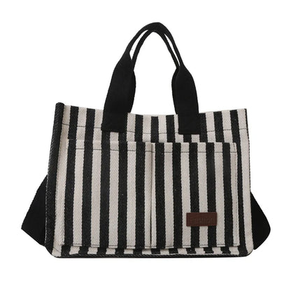 Women’s Striped Canvas Shoulder Bag – Trendy Large Capacity Crossbody Tote
