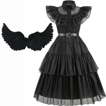 Halloween Hot American TV Series Black Wen. Girl Cosplay Horror Dress Set Easter Party Clothing +Fake hands + Sock Set 3-10Y