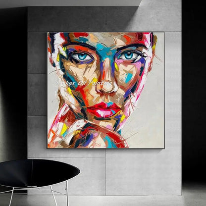 Hand-Painted Abstract Face Oil Painting on Canvas – Modern Wall Art for Living Room
