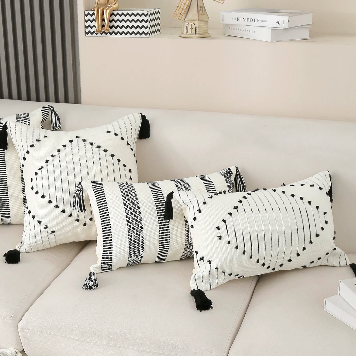 Striped Pillow Cover with Tassels  Woven Lumbar