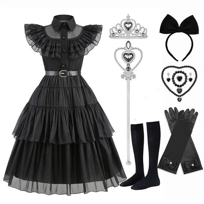Halloween Hot American TV Series Black Wen. Girl Cosplay Horror Dress Set Easter Party Clothing +Fake hands + Sock Set 3-10Y