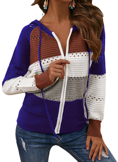 Women’s Striped Hooded Zipper Knit Cardigan